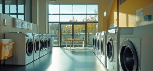 Poster - A bright laundry room with washing machines and a table by large windows.