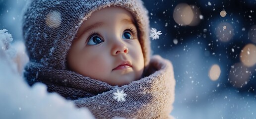 Aufkleber - A baby in a snowy setting, gazing upwards with wonder.