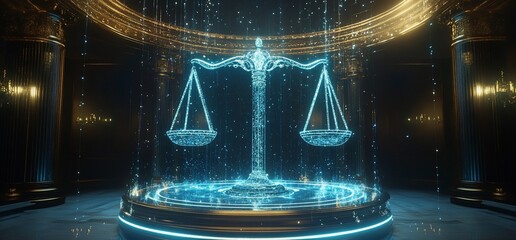 Aufkleber - A glowing scales of justice in an elegant, illuminated setting.