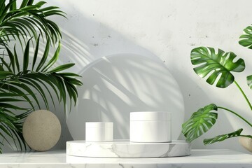 Aufkleber - Cosmetic Display Product Podium with Nature Leaves on White Background 3D Rendering