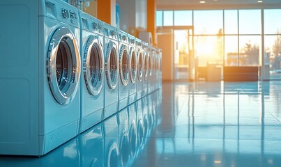 Poster - A modern laundromat with washing machines and sunlight streaming in.
