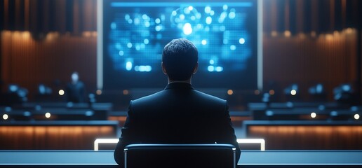 Poster - A person in a suit observes digital data on a large screen in a conference room.