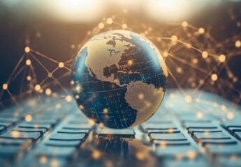 Poster - a globe with global network connections floating above the keyboard, symbolizing online connectivity