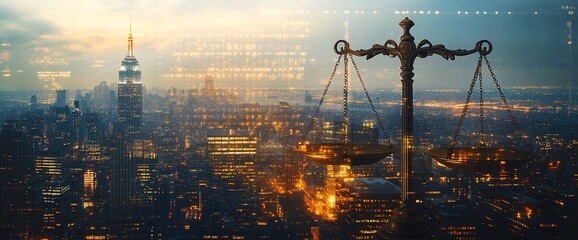 Poster - A scales of justice overlaying a city skyline at dusk.