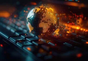 Poster - digital globe on a keyboard, a global network concept with a digital world map and internet connecti
