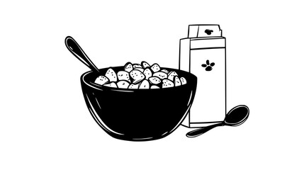 Wall Mural - Bowl of cold cereals next to an unopened milk carton and spoon, Vectorized Food Art