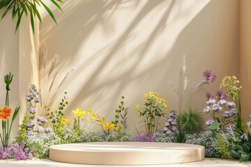 Aufkleber - Elegant and Natural Podium with Summer Flowers, Stage Display Mockup for Show Product