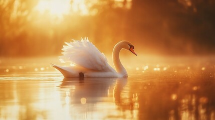 Poster - A serene swan glides gracefully across a misty lake at sunrise.