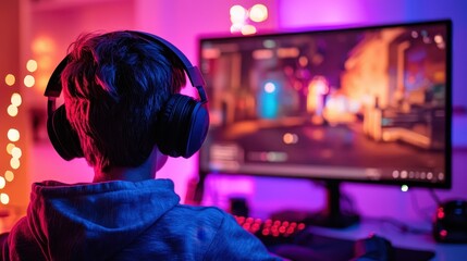 Poster - Engaged Student Participating in Virtual Classroom Session with Headphones and Computer Screen at Night