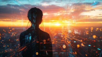 Poster - A silhouette gazes at a sunset over a futuristic cityscape.