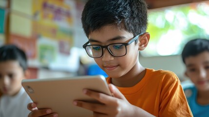 Poster - Young Student Engaged in Online Learning with Tablet Device in Virtual Classroom Environment