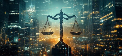 Poster - A symbolic representation of justice with scales against a city backdrop.