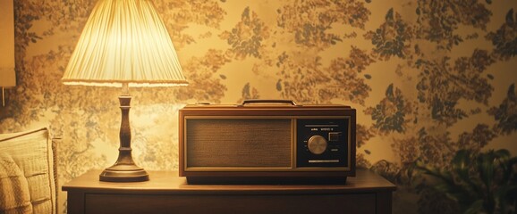 Poster - A vintage radio sits on a wooden table beside a warm lamp in a cozy setting.
