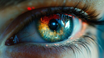 Poster - Close-up of a vibrant eye reflecting colorful lights and textures.