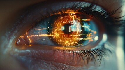 Poster - Close-up of an eye reflecting a vibrant, digital landscape.