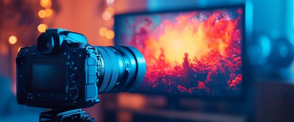 Poster - Camera capturing vibrant, colorful display on a television screen.