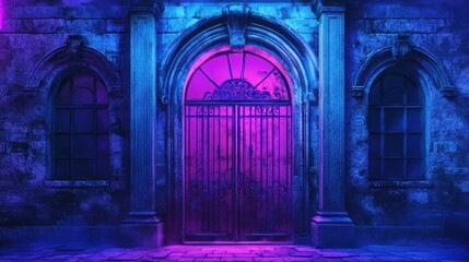 Wall Mural - Grungy building exterior with neon-lit arched doorway and windows at night.