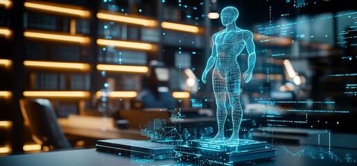 Poster - Holographic human figure displayed in a modern library setting.