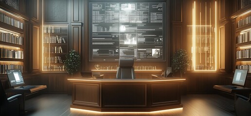 Aufkleber - Modern office interior with a sleek desk, bookshelves, and digital displays.