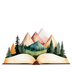 Wall Mural - An open book with vibrant mountains and trees emerging from its pages, symbolizing adventure and imagination.