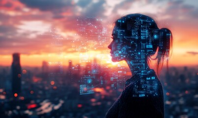 Poster - Silhouette of a woman against a cityscape, overlaid with digital elements.