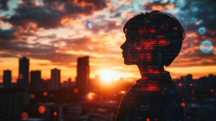 Aufkleber - Silhouette of a person against a sunset with digital overlays.