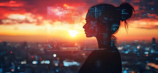 Poster - Silhouette of a woman against a sunset with digital overlays.