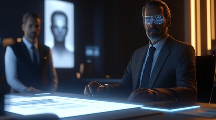 Poster - Two men in a dark room, one at a glowing table with a digital display.