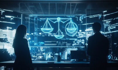 Poster - Two professionals analyzing legal data on a holographic display.