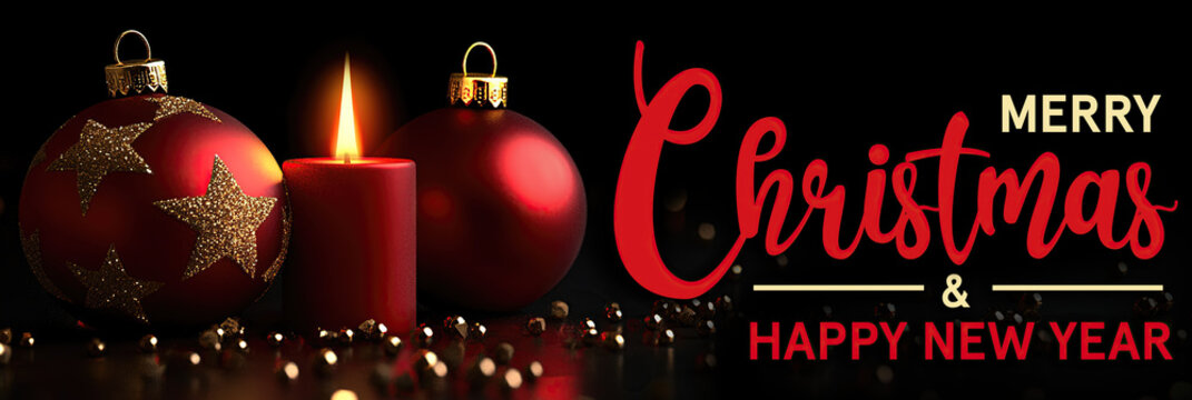 Christmas greeting card english text - Merry Christmas and happy new year black background header for advertisement