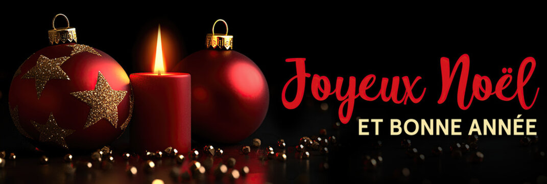 Christmas greeting card French text - black background header for advertisement