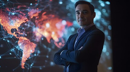 Aufkleber - Confident businessman stands before global network visualization
