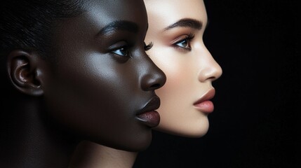 Poster - Two models stand side by side, showcasing their unique features in a captivating composition. One has dark skin, the other fair, both exuding grace against a dark backdrop