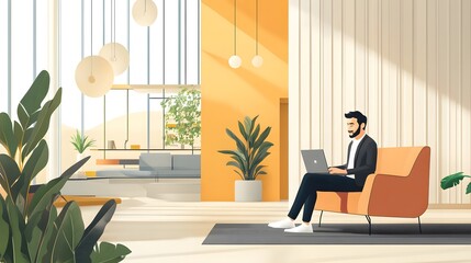 Poster - Man Working on Laptop in Modern Minimalist Home