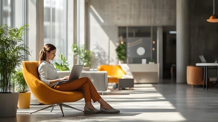 Poster - Woman Works on Laptop in Modern Office Lounge