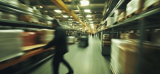 Poster - A blurred scene in a warehouse with shelves and workers moving.