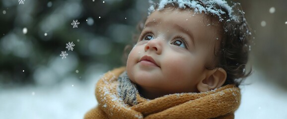 Aufkleber - A child gazes upwards as snowflakes gently fall around them.