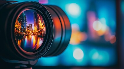 Poster - A camera lens capturing a vibrant cityscape with colorful reflections.