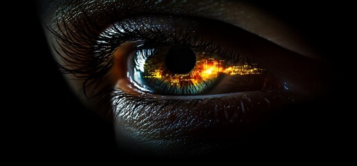 Aufkleber - A close-up of an eye reflecting a vibrant cityscape and flames.