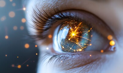 Poster - A close-up of an eye reflecting a network of light and energy.