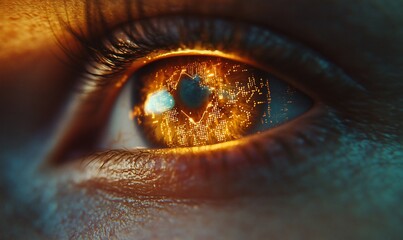 Poster - A close-up of an eye with a fiery, digital effect reflecting vibrant patterns.