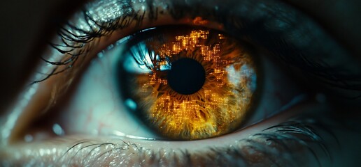 Poster - A close-up of an eye with an intense orange hue and fiery reflection.