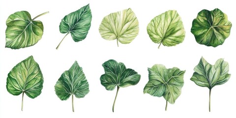 Collection of Lush Green Watercolor Leaves for Spring Blossoms and Botanical Decor