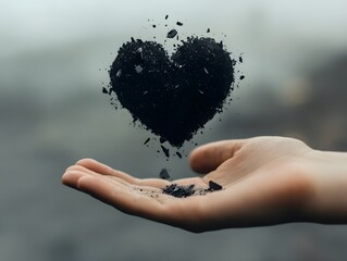 Poster - A Symbol of Love and Nature: A Hand Holding a Floating Heart Made of Soil and Dirt, Representing Eco-Consciousness and Sustainable Relationships