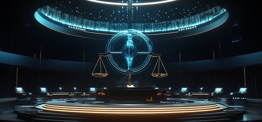 Poster - A futuristic courtroom with a holographic scale of justice centerpiece.