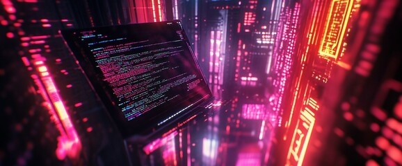 Poster - A futuristic digital landscape with glowing code and vibrant neon lights.