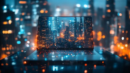 Poster - A futuristic laptop displaying a vibrant cityscape at night.