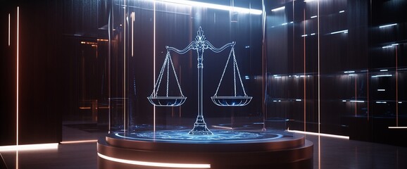 Aufkleber - A futuristic representation of justice with a glowing scale of balance.