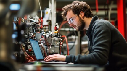 Poster - Engineer analyzing mechanical systems in industrial lab technical environment close-up perspective innovation and precision