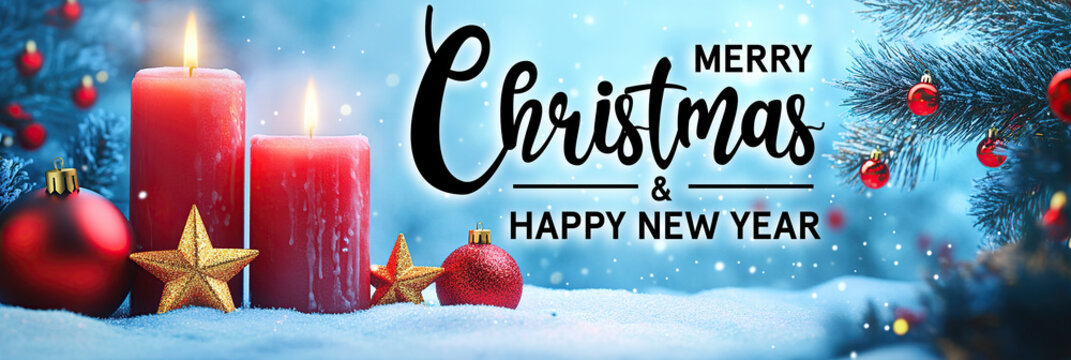 Christmas greeting card english text - Merry Christmas and happy new year lighter background header for advertisement